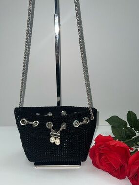 Black Rhinestone Crystal Shoulder Drawstring Mini Bucket Evening Bag with Pearls